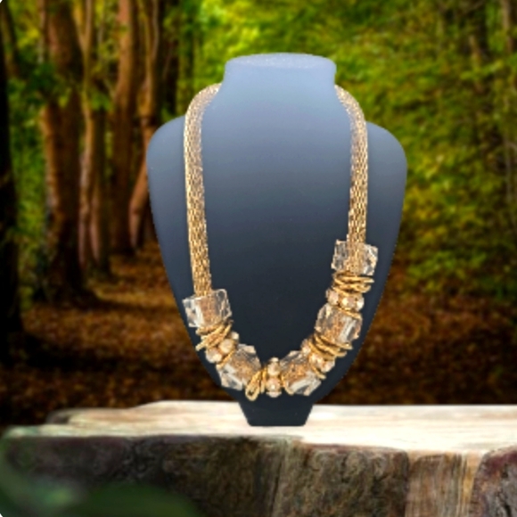 Dramatic Brass & Gold Colored Rhinestones Crystals Statement Necklace 16"